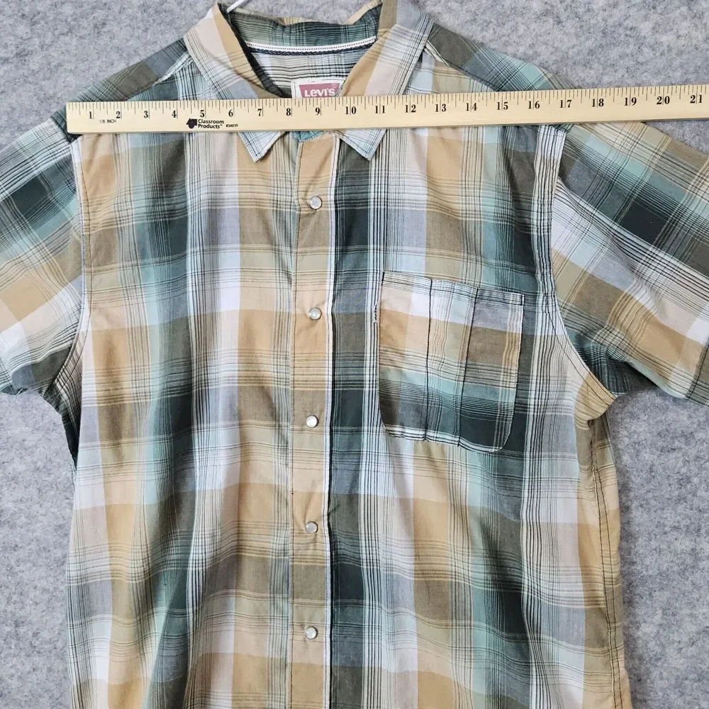 Levi's Green & Yellow Plaid‎ Pearl Snap Shirt Size Large Short Sleeves White Tab